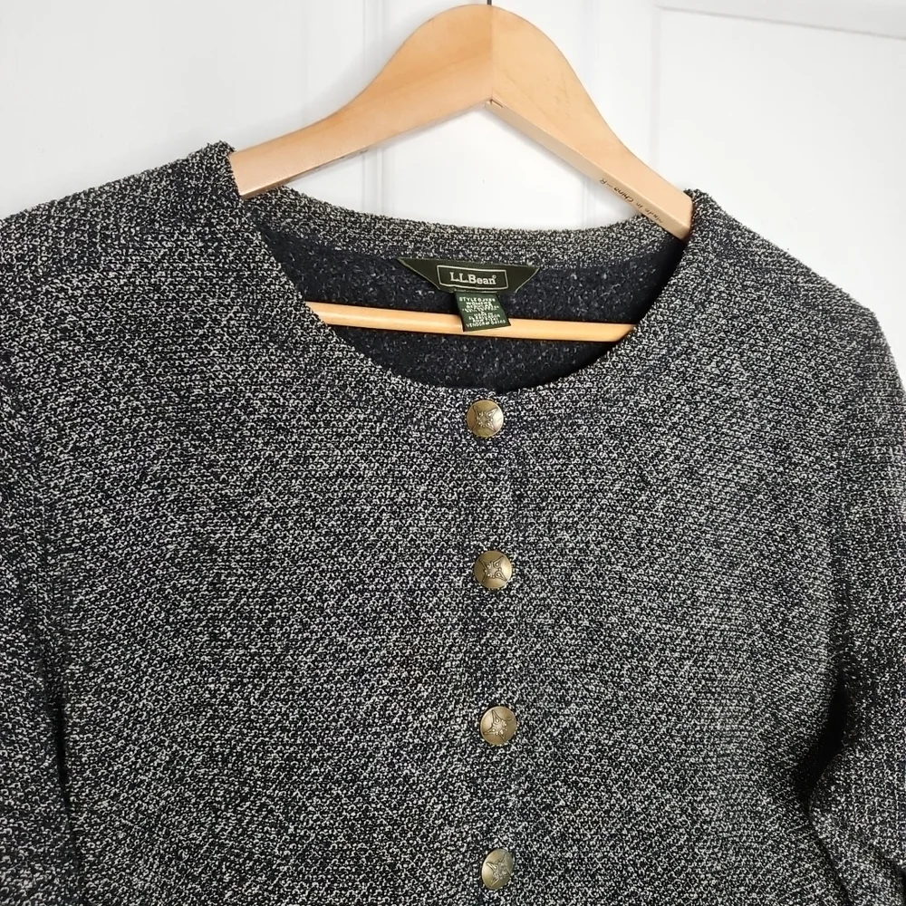 LL Bean Button Front Fleece Cardigan Sweater Jacket Size L Womens Black Tan Cozy - Picture 2 of 8
